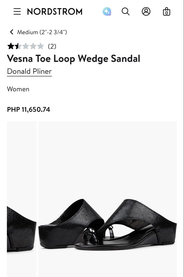 Donald Pliner Vesna Toe Loop Wedge Sandal Black (Category: Wedges) located in Dasmarinas. Submitted by berrylove_preloved (Listing ID 1470277935, Image 2). Description: Official Donald Pliner Chart (via Nordstrom): A standard US 6 is listed as 23 cm. - Brand: Donald Pliner - Style: Vesna wedge sandals - Color: Classic black - Design: Stylish toe loop with comfortable slip-on wedge heel - Condition: Clean with visible branding on insoles - Versati
