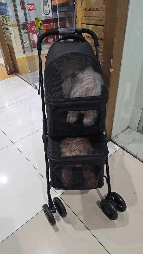 Double Decker Black Pet Stroller with Mesh Compartments (Category: Strollers) located in Rizal. Submitted by declutterthingswithme (Listing ID 1470194969, Image 1). Description: - Double-tier design in classic black with a sturdy solid frame - Breathable mesh windows on both levels for optimal airflow and visibility - Comfortable padded handle grip for easy pushing - Smooth-rolling wheels on all four corners for a stable ride - Includes a cute pu