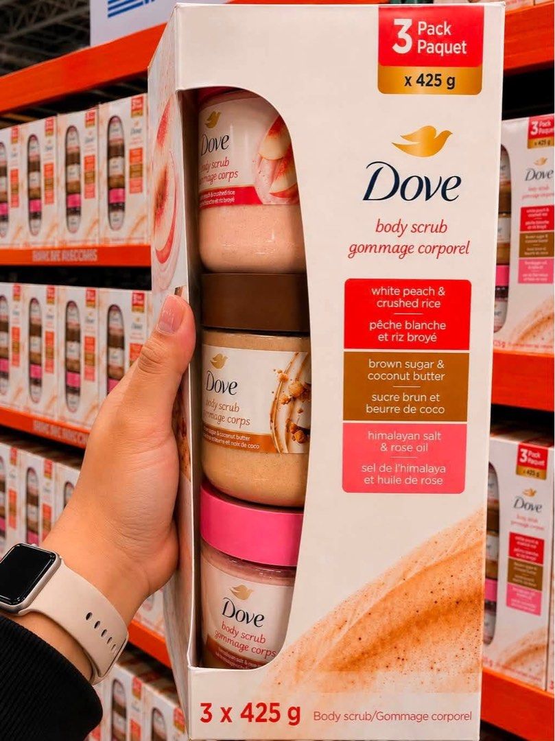 Dove Body Scrub 3 Pack 425g (Category: Bath) located in Silang. Submitted by collectionbyrk (Listing ID 1470249217, Image 1). Description: - Authentic Dove body scrub variety pack (Brand New / Unopened) - Contains three large 425g jars - Scents included: White Peach & Crushed Rice, Brown Sugar & Coconut Butter, Himalayan Salt & Rose Oil - Freshly bought straight from the store shelf - Perfect way to stock up on your skincare essentials - Meetup o