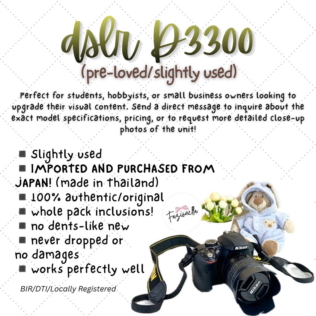 dslr nikon d3300 imported (Category: Cameras) located in La Trinidad. Submitted by fazionella (Listing ID 1470205862, Image 2). Description: WITH INCLUSIONS EVERYTHING ON THE PICTURE Location: La Trinidad, Benguet This authentic Nikon D3300 DSLR kit is the perfect entry-level powerhouse for students, hobbyists, and entrepreneurs alike! Imported directly from Japan, this unit has been meticulously cared for, rarely used, and remains in pristine co