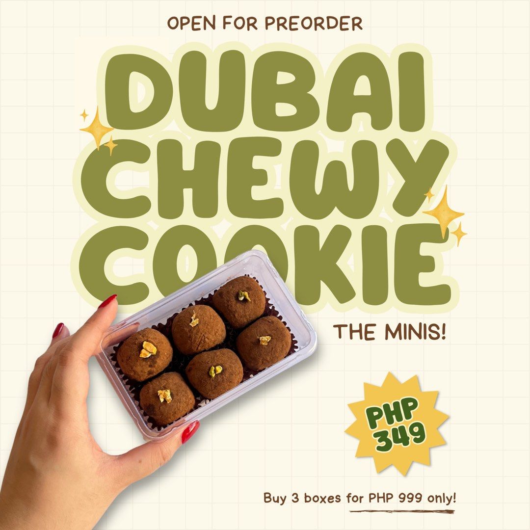 Dubai Chewy Cookie - The Minis! (Category: Homemade Bakes) located in Quezon City. Submitted by lovedbythea___ (Listing ID 1470301400, Image 1). Description: - Open for preorder (for fresh batches every time!! 😋) - Dubai chewy cookie minis topped with pistachio bits - 6 mini cookies per box - Price: PHP 349 per box or 3 boxes for PHP 999 only.