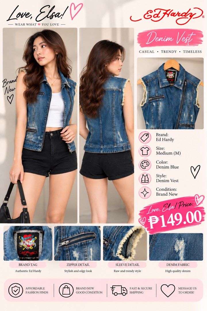 Ed Hardy Denim Vest Medium (Category: Vests) located in Makati City. Submitted by highstylestore (Listing ID 1470220373, Image 1). Description: - Brand: Ed Hardy - Style: Denim vest with distressed texture - Size: Medium - Color: Denim blue - Closure: Front zipper with accent zip details - Detailing: Raw fringe trim on armholes and authentic brand tag inside collar - Condition: Excellent.
