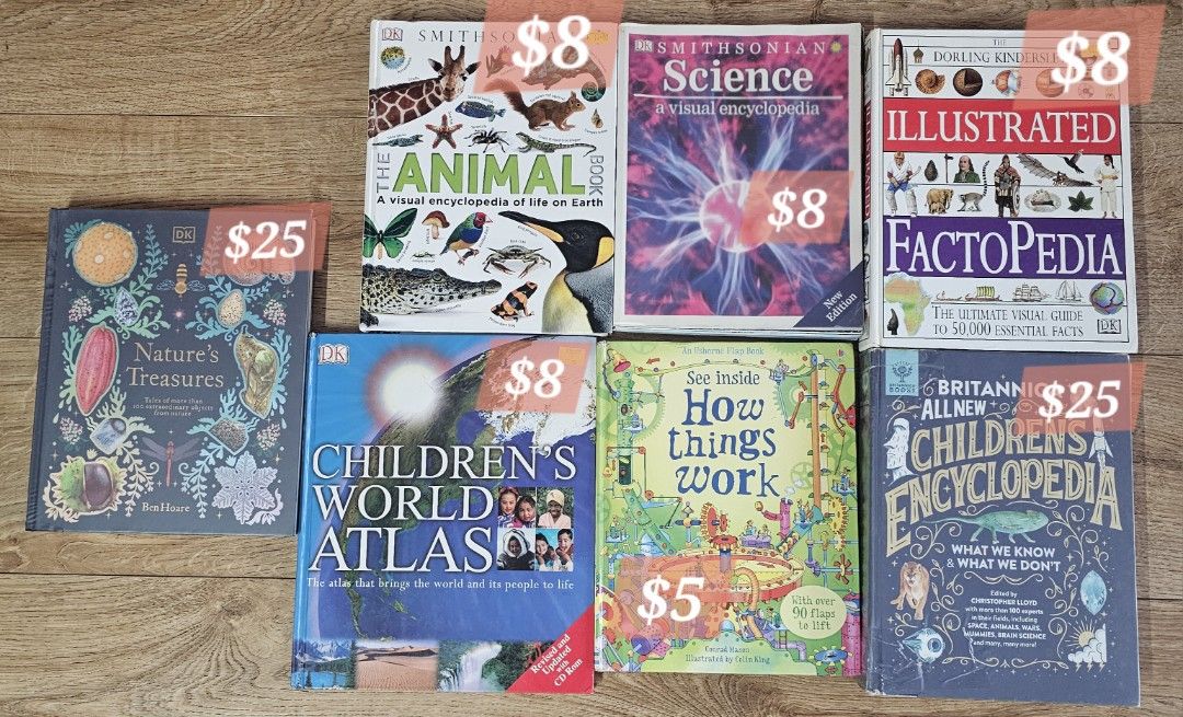 Encyclopedia Bundle (Category: Children's Books) located in Singapore. Submitted by floppybunbun (Listing ID 1470233243, Image 1). Description: pls DM for details ​Nature's Treasures by Ben Hoare [ Brand New with plastic cover wrap] ​The Animal Book: A Visual Encyclopedia of Life on Earth (DK Smithsonian) ​Science: A Visual Encyclopedia (DK Smithsonian, New Edition) ​Illustrated Factopedia: The Ultimate Visual Guide to 50,000 Essential Facts (Dor