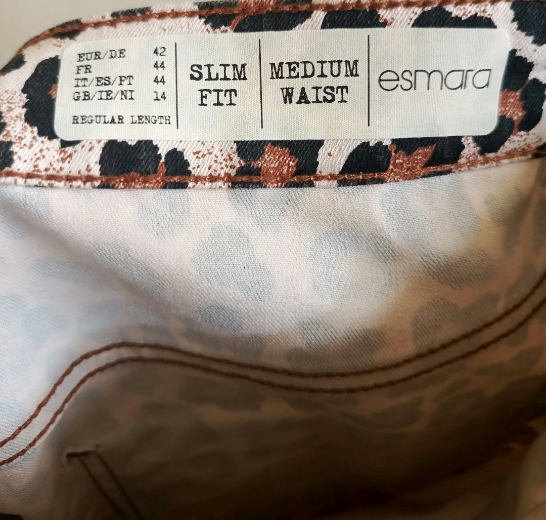 Esmara Leopard Print Slim Fit Medium Waist Jeans (Category: Jeans) located in Cebu City. Submitted by violacloset (Listing ID 1470219304, Image 3). Description: - Fit: Slim fit with medium waist and regular length Measurements: waist: 17 1/2 waistline 29-33 hips: 20 length: 41 1/2.