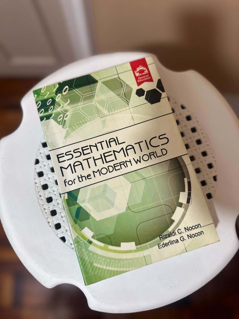 Essential Mathematics for the Modern World by Nocon (Category: Textbooks) located in Santa Rosa. Submitted by acw0604 (Listing ID 1470220473, Image 1). Description: - Title: Essential Mathematics for the Modern World - Authors: Rizaldi C. Nocon and Ederlina G. Nocon - Condition: Clean pages inside, standard textbook format - Design: Green cover with geometric and binary code patterns - Ideal for: College students taking general education mathemat