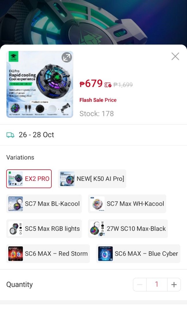 EX2 Pro Rapid Cooling Phone Cooler RGB (Category: Other Mobile & Gadget Accessories) located in San Juan City. Submitted by kintsugiwares (Listing ID 1470257804, Image 2). Description: 🔊 BAGSAK PRESYONG gaming smartphone cooler! 🥶 🎯 EX2 Pro Rapid Cooling Device Includes: - RGB lights 🎇 - Strong magnetic adaptor compatible with any phone for secure and easy attachment - Removable clip (no magnets needed) - Free gaming thumb cover cloth.