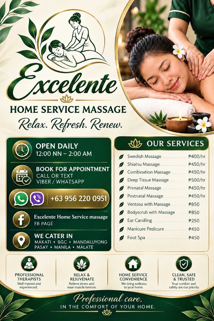 Excelente massage (Category: Body Care) located in Manila. Submitted by excelentehomeservicemassage-29 (Listing ID 1470236069, Image 1). Description: .
