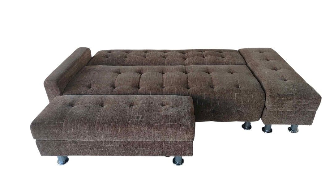 Fabric Sofa Bed with Footrest & Storage (Category: Sofas) located in Mexico. Submitted by mgracejapansurplus (Listing ID 1470275638, Image 3). Description: NEW ARRIVAL 🔥 JAPAN LUXURY (Surplus) Fabric Sofa Bed with Footrest & Storage ✨ - Elegant brown textured fabric with tufted design - 3-in-1 function: Sofa → Bed → Footrest, plus built-in storage - Dimensions: • Sofa: L64" × W31" × H31" • Bed size: 41" × 80" • Footrest: L40" × W15" × H15" - Pri