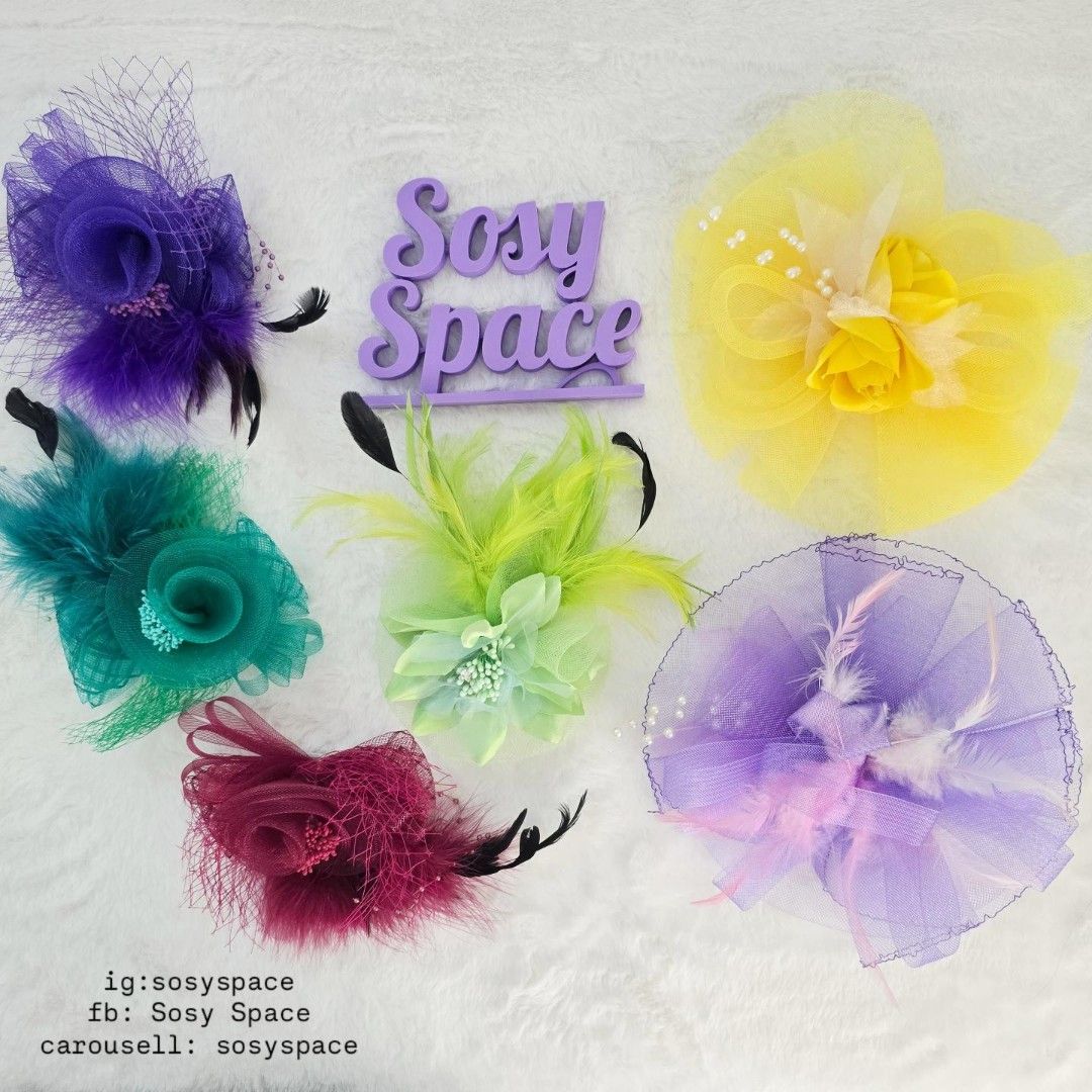 Fascinator Hat Clip Brooch 6 Pcs. Take All (Category: Hair Accessories) located in Lucena. Submitted by sosyspace (Listing ID 1470149992, Image 1). Description: FASCINATOR 01B2P89 Fascinator Hat/Brooch Clip Type Mesh, lace, ribbons, flowers, feathers 6 pcs: yellow, violet, maroon, purple, green (teal,emerald), green (light shades) Condition: PRELOVED has signs of use and of being stored Price: PHP 500 + HF + SF 🩵🩵🩵🩵🩵🩵 take all (Best Price A