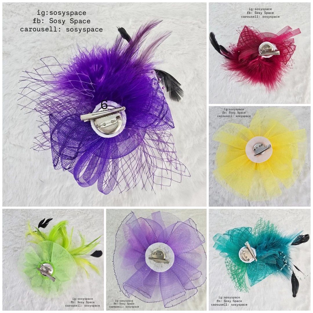 Fascinator Hat Clip Brooch 6 Pcs. Take All (Category: Hair Accessories) located in Lucena. Submitted by sosyspace (Listing ID 1470149992, Image 2). Description: FASCINATOR 01B2P89 Fascinator Hat/Brooch Clip Type Mesh, lace, ribbons, flowers, feathers 6 pcs: yellow, violet, maroon, purple, green (teal,emerald), green (light shades) Condition: PRELOVED has signs of use and of being stored Price: PHP 500 + HF + SF 🩵🩵🩵🩵🩵🩵 take all (Best Price A