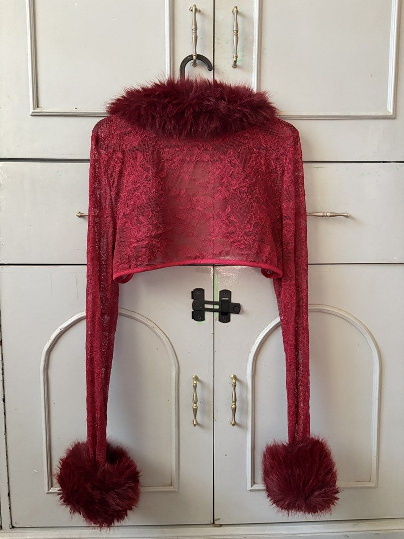 Faux Fur Jacket (Category: Coats, Jackets and Outerwear) located in Manila. Submitted by racajamess (Listing ID 1470263560, Image 2). Description: - Color: Deep red - Material: Lace with fluffy faux fur trim - Design: Open front, cropped fit, long sheer sleeves - Details: Plush faux fur collar and cuffs - Style: Y2K vibe, perfect for cozy layering.
