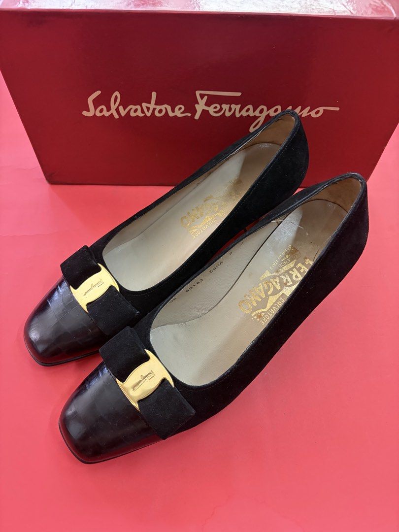 Ferragamo black block heels (Category: Sneakers & Footwear) located in Manila. Submitted by urbanwear (Listing ID 1470280576, Image 2). Description: Mixed material - croc leather suede .