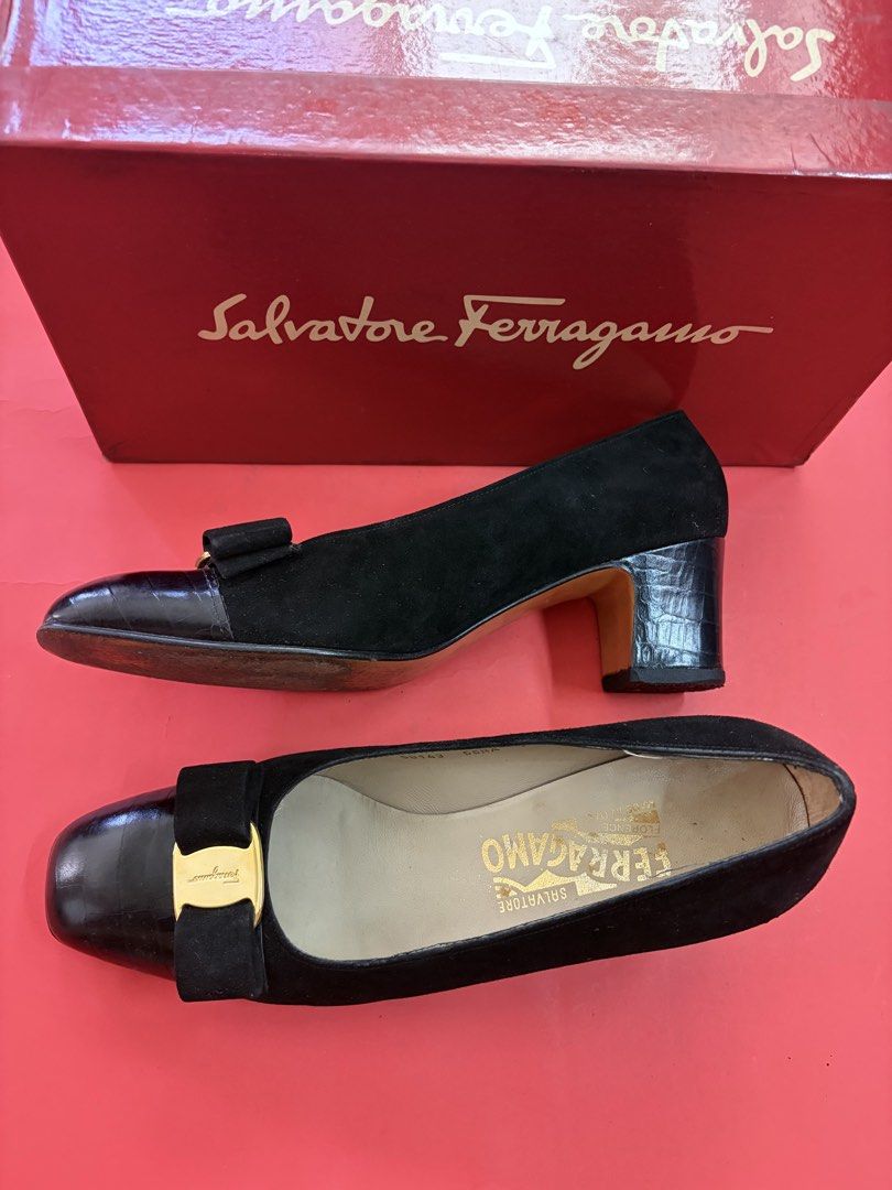 Ferragamo black block heels (Category: Sneakers & Footwear) located in Manila. Submitted by urbanwear (Listing ID 1470280576, Image 3). Description: Mixed material - croc leather suede .