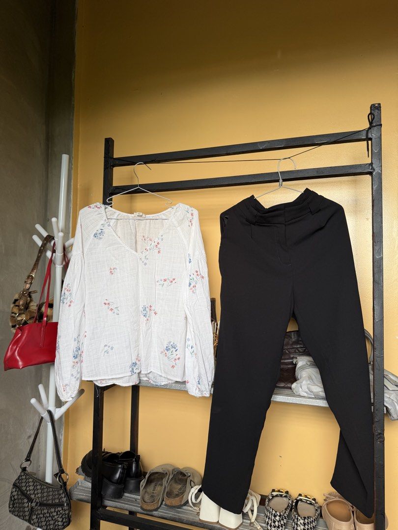 Floral Long Sleeve White & Black Slacks (Category: Longsleeves) located in Legazpi City. Submitted by hapie_haus (Listing ID 1470263948, Image 2). Description: P150 Piece 1Size: Small/Medium - Color/Design: White with delicate multicolored floral print P150. Piece 2 Black Slacks - Condition: Clean overall, expect normal signs of use .