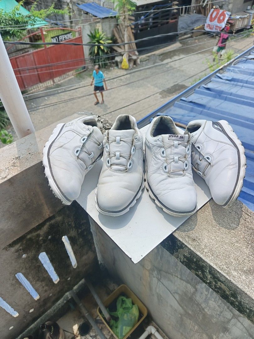 FootJoy Pro/SL BOA White Golf Shoes BUNDLE US 7 (Category: Golf) located in Davao. Submitted by judethrifter (Listing ID 1470174453, Image 2). Description: - Brand: FootJoy Pro/SL Golf Shoes - Color: Clean White - Closure: BOA lacing system for quick, secure adjustments - Design: Spikeless with rubber traction pods for reliable grip - Condition: Leather uppers show minor creasing from regular rounds; outsoles are clean overall - Performance: Ligh