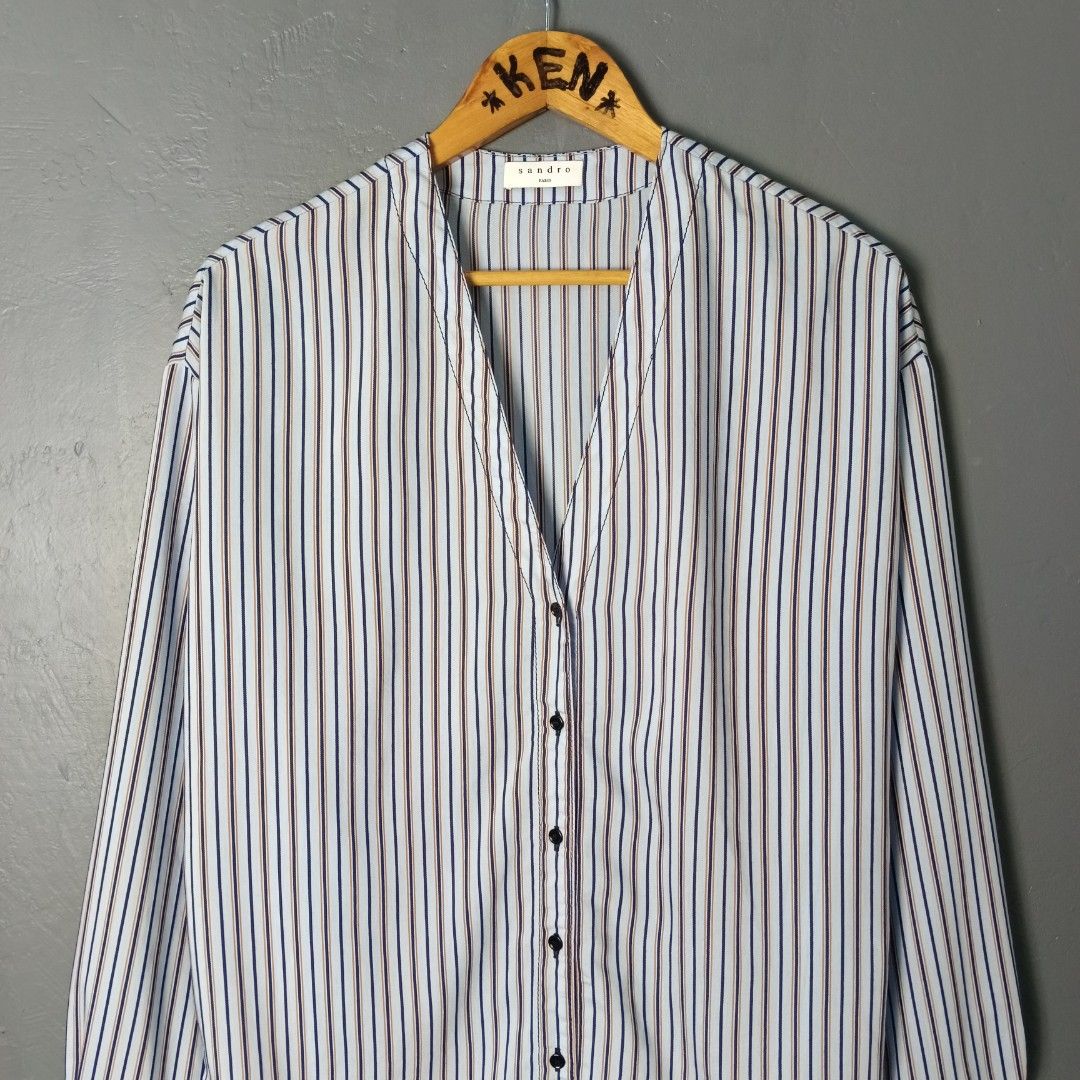 For Women - Sandro Paris (Category: Longsleeves) located in Bacolod City. Submitted by drop.ph (Listing ID 1470167596, Image 3). Description: Sandro Paris - Striped Woven Shirt Authentic *Size M fits L - 20x25.5 *Excellent *No Flaws *Price: 1,200php *Add SF if outside Bacolod City .