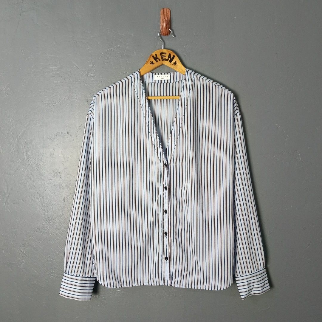 For Women - Sandro Paris (Category: Longsleeves) located in Bacolod City. Submitted by drop.ph (Listing ID 1470167596, Image 2). Description: Sandro Paris - Striped Woven Shirt Authentic *Size M fits L - 20x25.5 *Excellent *No Flaws *Price: 1,200php *Add SF if outside Bacolod City .