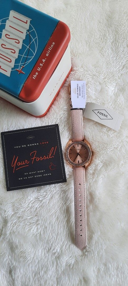 Fossil BQ3773 Solar-Powered Rose Gold Watch (Category: Women's Watches) located in Manila. Submitted by gracjam_27 (Listing ID 1470260779, Image 2). Description: - Brand: Fossil - Style: Rose gold watch with a chic pink leather strap and dazzling crystal bezel - Movement: Eco-friendly solar-powered (no battery replacements ever needed) - Condition: Brand new and unworn, with the original plastic sticker still intact on the case back - Inclusions: