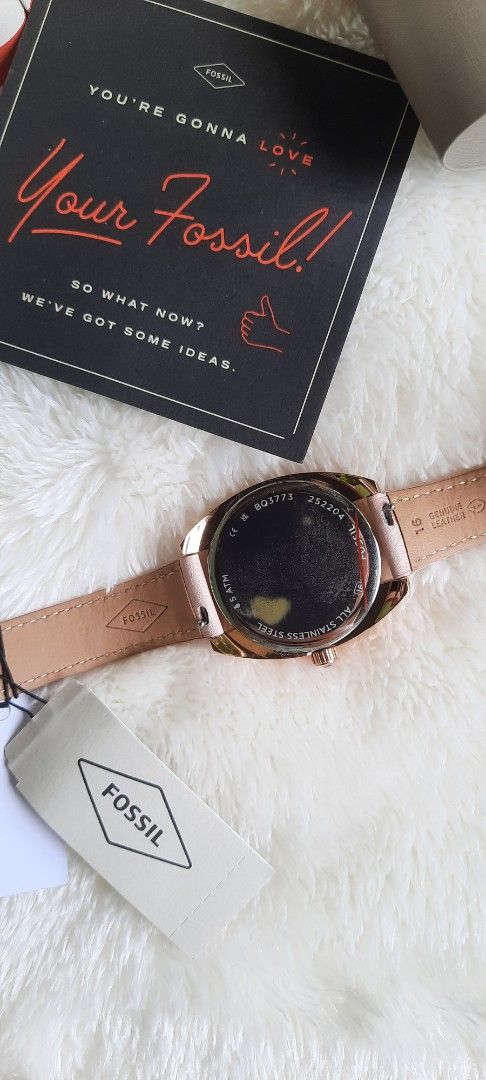 Fossil BQ3773 Solar-Powered Rose Gold Watch (Category: Women's Watches) located in Manila. Submitted by gracjam_27 (Listing ID 1470260779, Image 3). Description: - Brand: Fossil - Style: Rose gold watch with a chic pink leather strap and dazzling crystal bezel - Movement: Eco-friendly solar-powered (no battery replacements ever needed) - Condition: Brand new and unworn, with the original plastic sticker still intact on the case back - Inclusions: