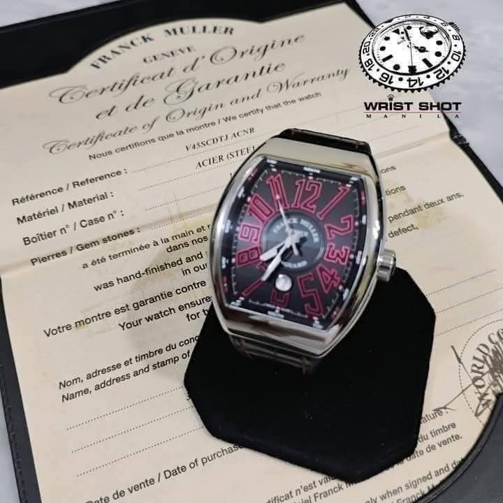 Franck Muller Vanguard (Category: Everything Else Others) located in Quezon City. Submitted by wristshotmanila (Listing ID 1470235348, Image 3). Description: Franck Muller Vanguard 325,500 pesos Reference : V45SCDT ACNR Complete set Steel steel Black Red Year : 2016 Case: 44mm Rating: 9/10 Foreign AD Case material: steel Crystal: sapphire Movement: automatic Unit, box, cleaning cloth, certificate red app: @wrist_shot_manila black app: @wristshotm