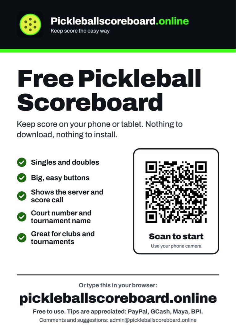 Free Pickleball Scoreboard Online Web App (Category: Racket and Ball Sports) located in Cainta. Submitted by rvasl (Listing ID 1470345176, Image 1). Description: Watch video highlights https://youtu.be/BfvqbHLUsZU?si=2KgqlyVk1ds9PM_y - No downloads or app installation required; access instantly via pickleballscoreboard.online - Works on your phone or tablet with big, easy buttons - Supports both singles and doubles matches - Automatically shows t