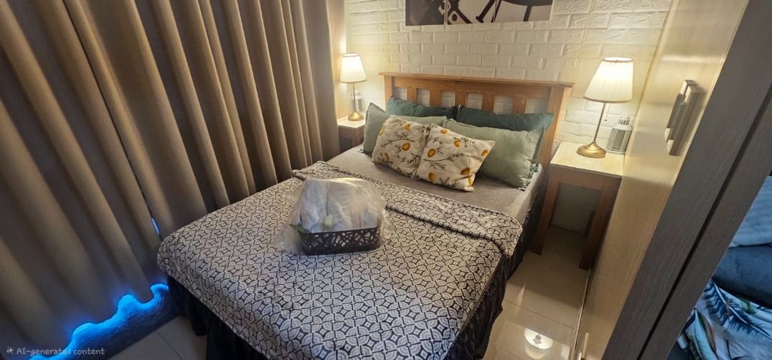 Fully Furnished Cozy Studio Unit Interior Setup (Category: Apartments & Condos) located in Makati City. Submitted by sansuramos72328 (Listing ID 1470342428, Image 3). Description: - All-in-one cozy room setup, ideal for small apartments and condos - Wooden bed frame with comfortable mattress and patterned bedsheets - Matching nightstands with lamps and wooden TV console with flat screen TV - Fully equipped mini kitchen featuring marble-patterned 