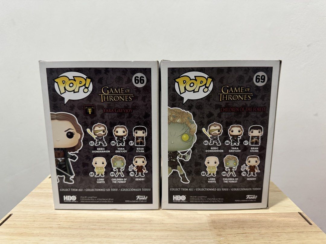Funko Pop Game of Thrones GOT (Category: Designer & Blind Box Toys) located in Las Pinas. Submitted by krabbypatteeh (Listing ID 1470183550, Image 3). Description: - Items: Game of Thrones Funko Pop Yara Greyjoy (#66) - 7.5/10 Lord Varys (#68) - 8.5/10 Children of the Forest (#69) - 7.5/10 - Packaging: Original boxes NOOB - Perfect for: GoT fans and collectors looking to complete their set.