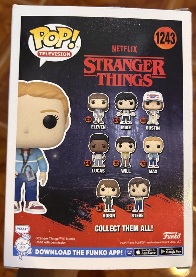 FUNKO POP STRANGER THINGS MAX 1243 (Category: Designer & Blind Box Toys) located in Pasig City. Submitted by ssalgnowk (Listing ID 1470187682, Image 3). Description: - Item: Funko Pop Television #1243 (Stranger Things - Max in Blue Jacket with Cassette Player) - Condition: Brand new in original window box packaging - Perfect for: Stranger Things fans and Funko Pop collectors - add ₱50 for protector.