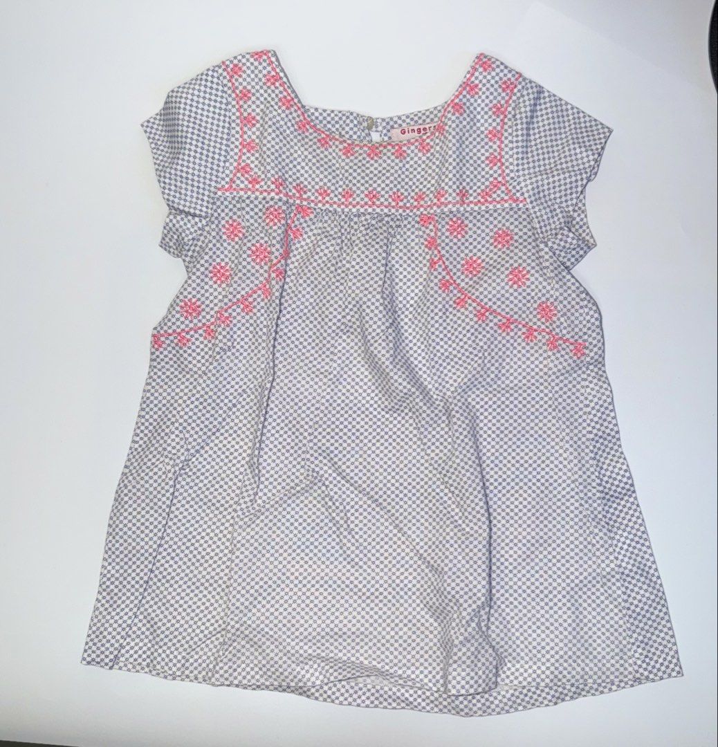 Gingersnaps Tiny Embroidered Blouse Size 18 (Category: Babies & Kids Fashion) located in General Santos City (Dadiangas). Submitted by my_lzlove (Listing ID 1470239132, Image 1). Description: - Brand/Style: Gingersnaps Tiny top - Size: 18 - Design: White fabric with dark blue geometric pattern and bright pink embroidery - Features: Short flutter sleeves and back neck button closure - Material: Soft, lightweight cotton ideal for warm weather.