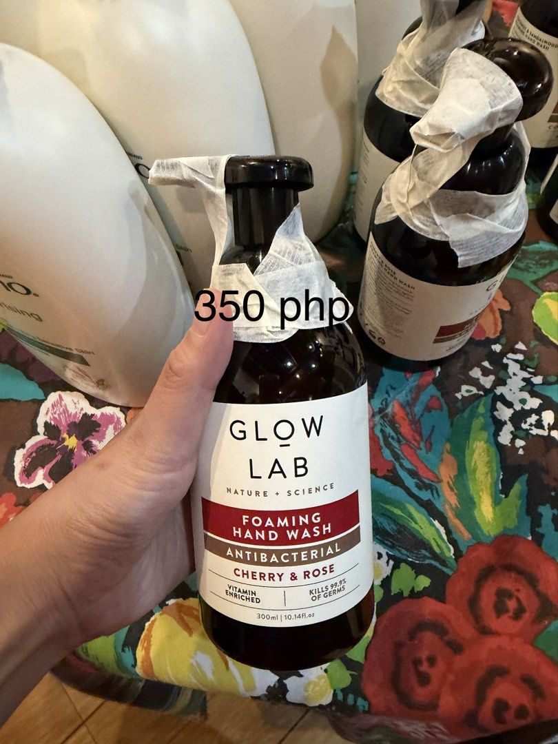 Glow Lab Foaming Hand Wash Cherry & Rose 300ml (Category: Hands & Nails) located in Quezon City. Submitted by mthereser43807 (Listing ID 1470245296, Image 1). Description: - Brand: Glow Lab - Scent: Cherry and Rose - Volume: 300ml - Formula: Antibacterial & vitamin-enriched (kills 99.9% of germs) - Packaging: Dark brown bottle with clear white label - Note: Pump is secured with paper tape to prevent leaks during transport.