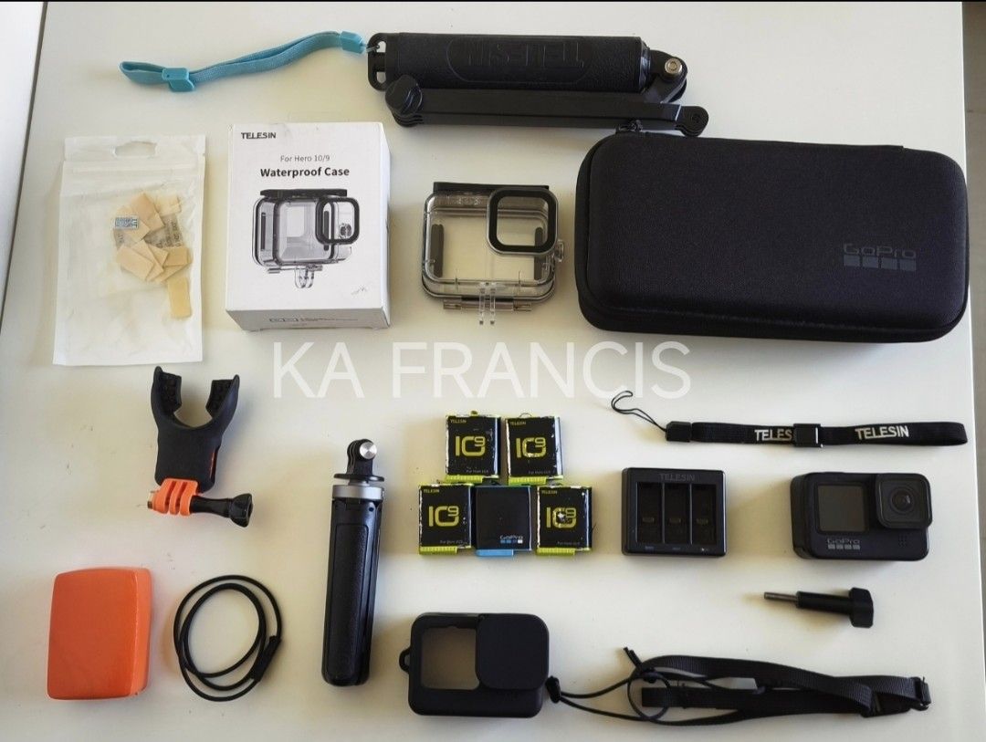 GoPro Hero 9 or 10 Bundle with Telesin Accessories (Category: Video Cameras) located in Tanza. Submitted by kafrancis (Listing ID 1470302094, Image 1). Description: - Complete GoPro camera setup ready for your next adventure - Power: Telesin 3-channel battery charger + 4 working Telesin batteries + 1 original GoPro battery (weak charge) - Protection: Telesin waterproof housing case and silicone protective sleeve - Mounts & Grips: Mini tripod, sel