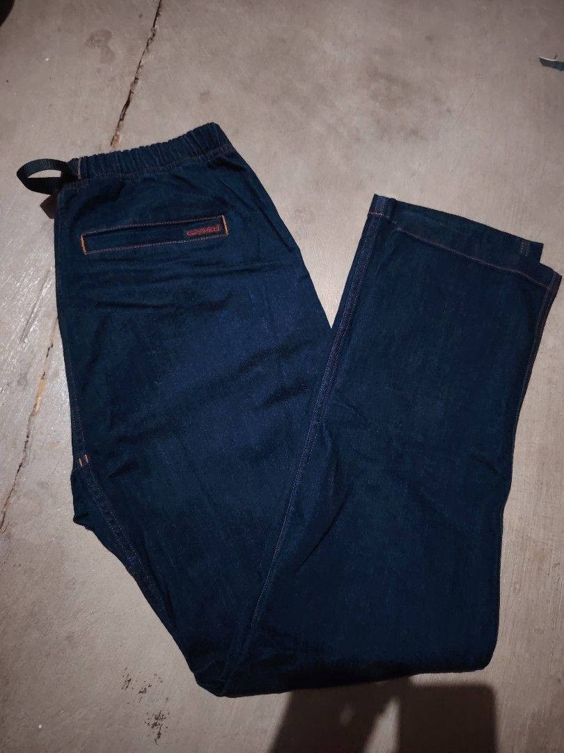 Gramicci Denim Climbing Pants (Category: Jeans) located in Roxas, Palawan. Submitted by act_thrift_palawan (Listing ID 1470290268, Image 1). Description: Waist 30-34 Length 40 - Brand: Gramicci - Style: Denim climbing pants in dark wash - Material: 99% cotton, 1% polyurethane (comfortable stretch) - Fit: Relaxed fit with classic gusseted crotch for maximum mobility - Features: Elastic waistband with built-in adjustable web belt and buckle, single