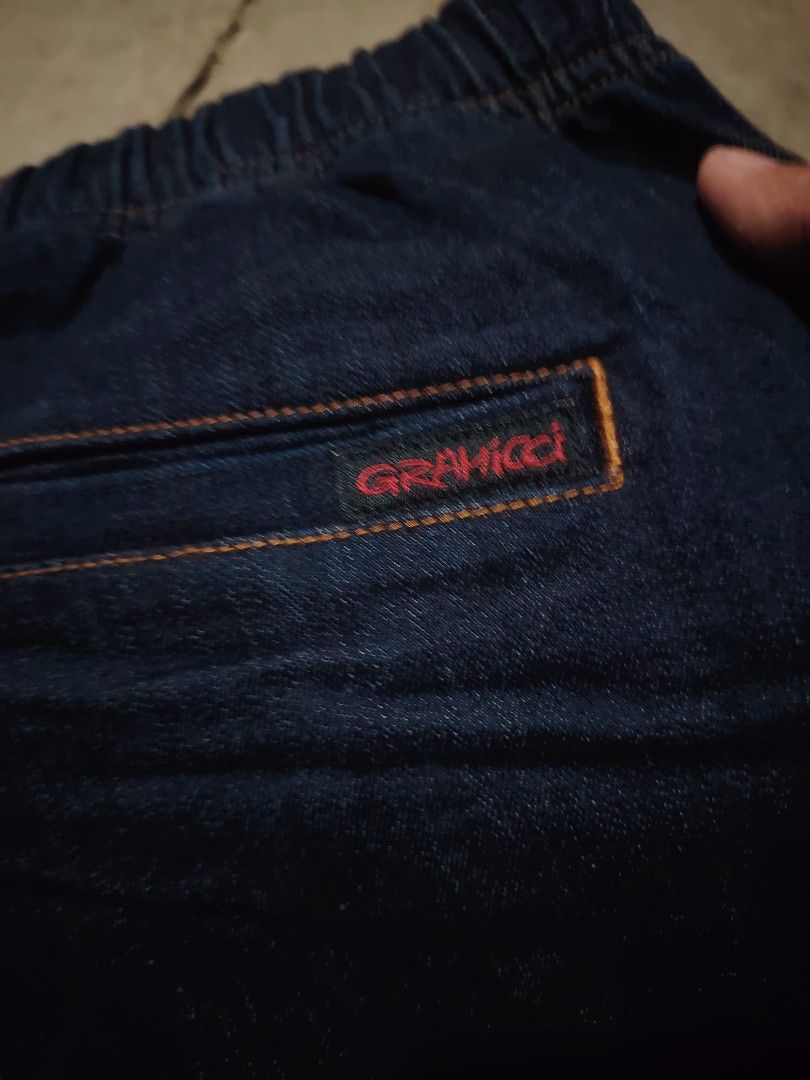 Gramicci Denim Climbing Pants (Category: Jeans) located in Roxas, Palawan. Submitted by act_thrift_palawan (Listing ID 1470290268, Image 2). Description: Waist 30-34 Length 40 - Brand: Gramicci - Style: Denim climbing pants in dark wash - Material: 99% cotton, 1% polyurethane (comfortable stretch) - Fit: Relaxed fit with classic gusseted crotch for maximum mobility - Features: Elastic waistband with built-in adjustable web belt and buckle, single