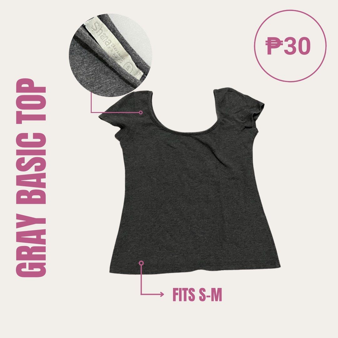 Gray Basic Top Scoop Neck (Category: Sleeveless) located in Pasig City. Submitted by chloe_miel (Listing ID 1470248730, Image 1). Description: - Brand: Shana - Size: S (stretches to fit small to medium frames) - Color: Dark gray - Style: Basic top with scoop neckline and short cap sleeves - Fit: Fitted, soft, and stretchy fabric - Condition: Excellent everyday staple piece.