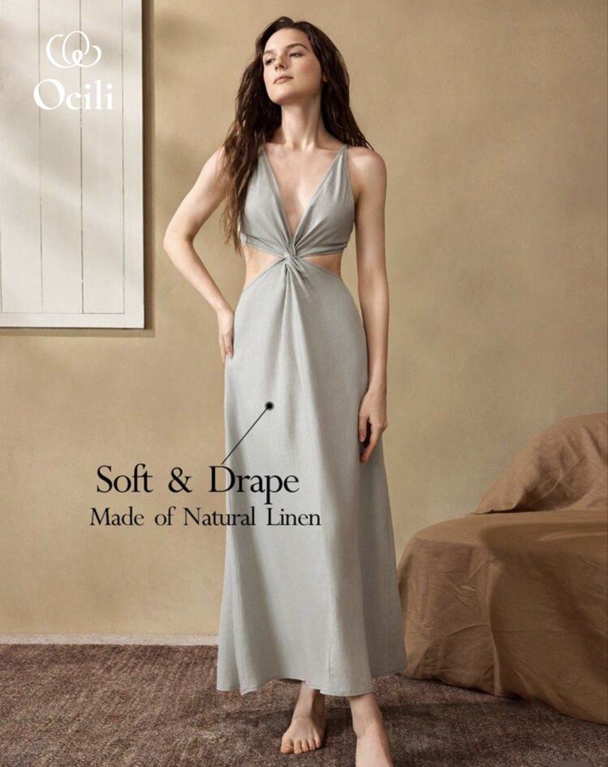 Gray Cutout Maxi Dress (Category: Dresses) located in Manila. Submitted by buymiclothes.47 (Listing ID 1470335590, Image 1). Description: Gray Cutout Maxi Dress Light gray cutout maxi dress from SHEIN Ocili 🤍 * Deep V-neckline with spaghetti straps * Twist-front detail with waist cutouts * Backless design * Flowy maxi-length skirt * Linen-look fabric * Original sale price: ₱550 Condition: Never worn, only washed. No tags. RFS: Decluttering ♡ Ple