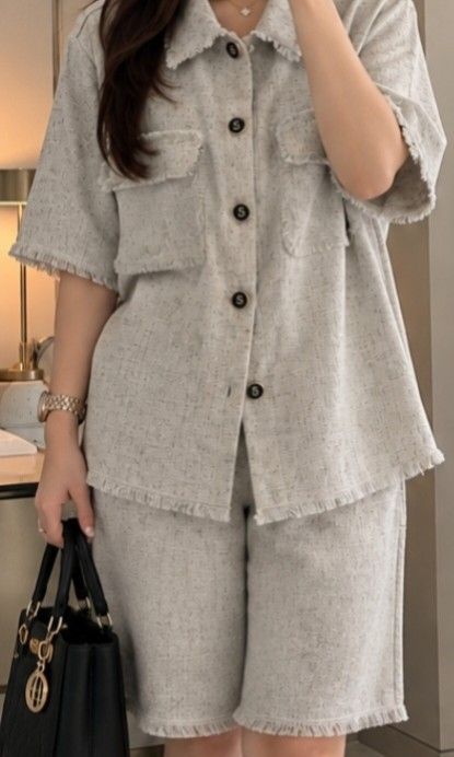 Gray Tweed Shorts Terno | Oversized Top, Up to 46” Bust (Category: Sets or Coordinates) located in Quezon City. Submitted by styledinframes (Listing ID 1470268833, Image 1). Description: Top: Bust up to 46” Top length: 28” Shorts waist: 30”–38” (garterized/stretchable) Shorts length: 19” with 2 side pockets.
