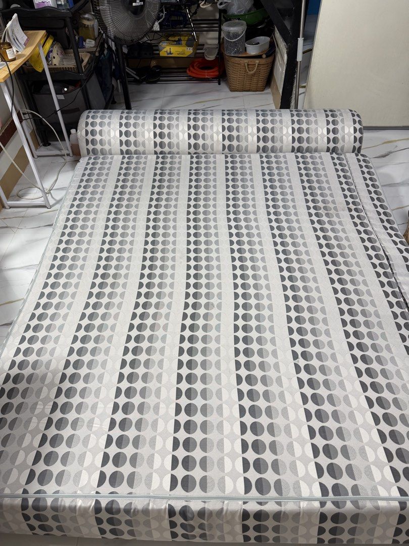 Grey and White Patterned Foldable Sofa Bed (Category: Sofas) located in Makati City. Submitted by cathymars13 (Listing ID 1470194400, Image 3). Description: Location Pagsinag East Naic Cavite Mandaue Foam Mega Sit and Sleep Sofa Bed Queen Size 60 × 75 inches 6 inches thick Memory Foam - Style: Modern grey and white geometric dot pattern - Function: Easily converts from a sofa to a flat mattress - Design: Clean surface with a convenient zipper clo