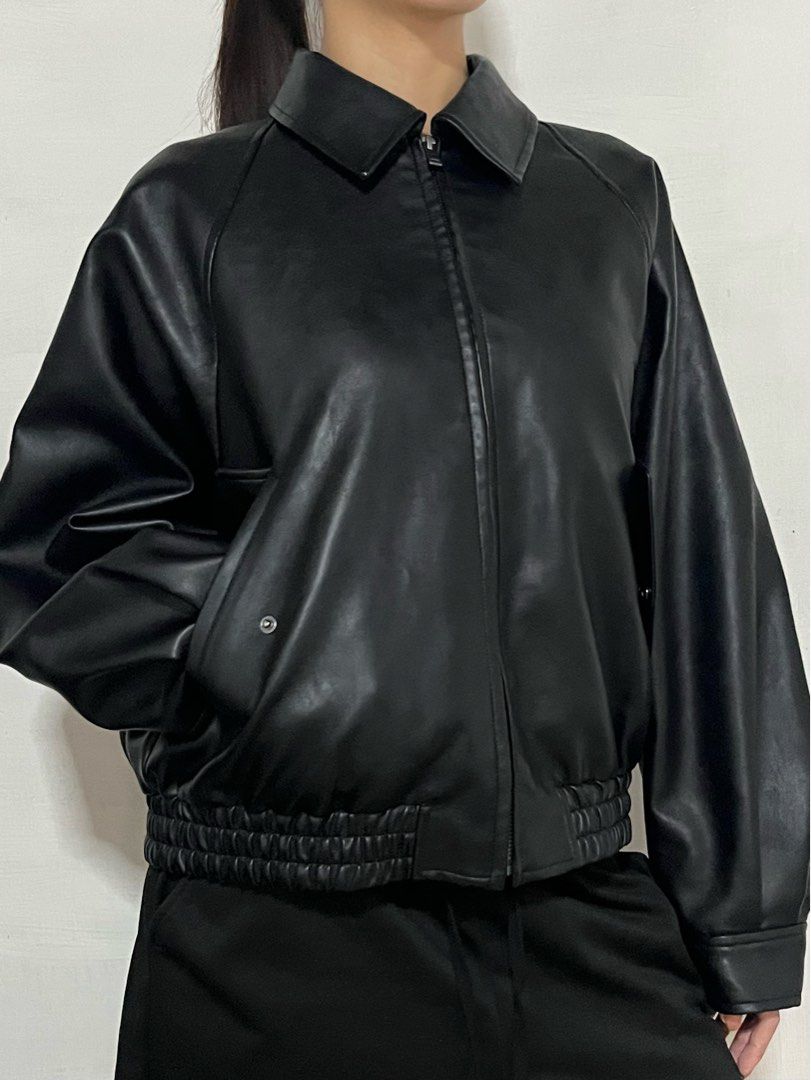 GU Black Faux Leather Bomber Jacket (Category: Coats, Jackets and Outerwear) located in Los Banos. Submitted by reworn.clo2026 (Listing ID 1470149762, Image 2). Description: Best fit: Small-Medium * Width: 21 * Length: 22 .