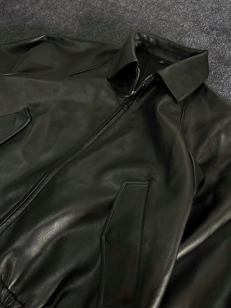 GU Black Faux Leather Bomber Jacket (Category: Coats, Jackets and Outerwear) located in Los Banos. Submitted by reworn.clo2026 (Listing ID 1470149762, Image 3). Description: Best fit: Small-Medium * Width: 21 * Length: 22 .