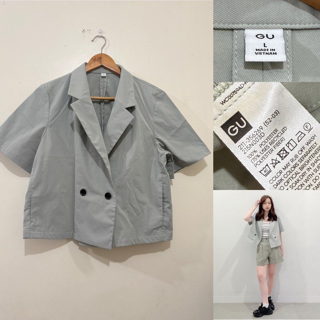 GU Short Sleeve Cropped Blazer (Category: Coats, Jackets and Outerwear) located in Solano. Submitted by hayami. (Listing ID 1470194130, Image 1). Description: - Brand: GU - Item: Short sleeve cropped blazer - Color: Sage green - Size: L (Made in Vietnam) - Material: 100% polyester (75% recycled polyester fiber) - Design: Double-breasted with dark buttons and lapel collar - Style Tip: Great for layering over casual tanks or tees for a smart-casual