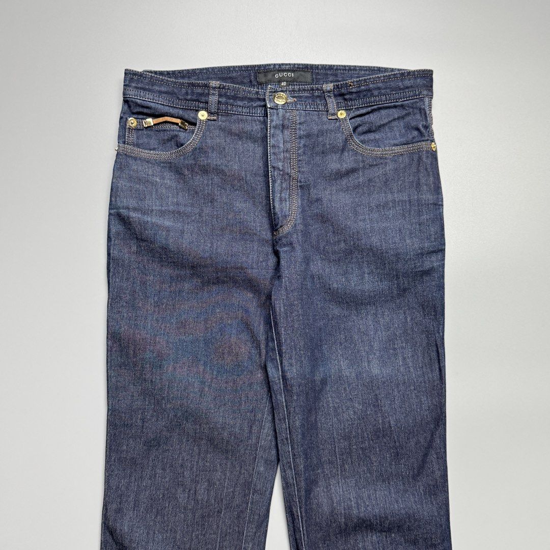 Gucci - Vintage Blue Denim Pants (Category: Luxury Apparel) located in Quezon City. Submitted by japon_rose (Listing ID 1470227476, Image 3). Description: READ DESCRIPTION FIRST BEFORE YOU START A DEAL GUARANTEED AUTHENTIC ❗️ Womens/ Gucci - Vintage Blue Denim Pants Color: Blue Denim Size: 40 on tag (Womens) Length: 36 Waist: 28-29 Inseam: 27 Knee: 7 Leg opening: 6 Front rise: 9 Back rise: 11 (MEASURED IT BY INCHES) 9.8/10 overall condition In ex