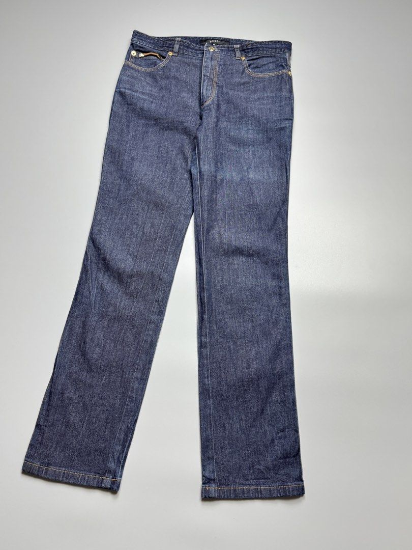 Gucci - Vintage Blue Denim Pants (Category: Luxury Apparel) located in Quezon City. Submitted by japon_rose (Listing ID 1470227476, Image 2). Description: READ DESCRIPTION FIRST BEFORE YOU START A DEAL GUARANTEED AUTHENTIC ❗️ Womens/ Gucci - Vintage Blue Denim Pants Color: Blue Denim Size: 40 on tag (Womens) Length: 36 Waist: 28-29 Inseam: 27 Knee: 7 Leg opening: 6 Front rise: 9 Back rise: 11 (MEASURED IT BY INCHES) 9.8/10 overall condition In ex