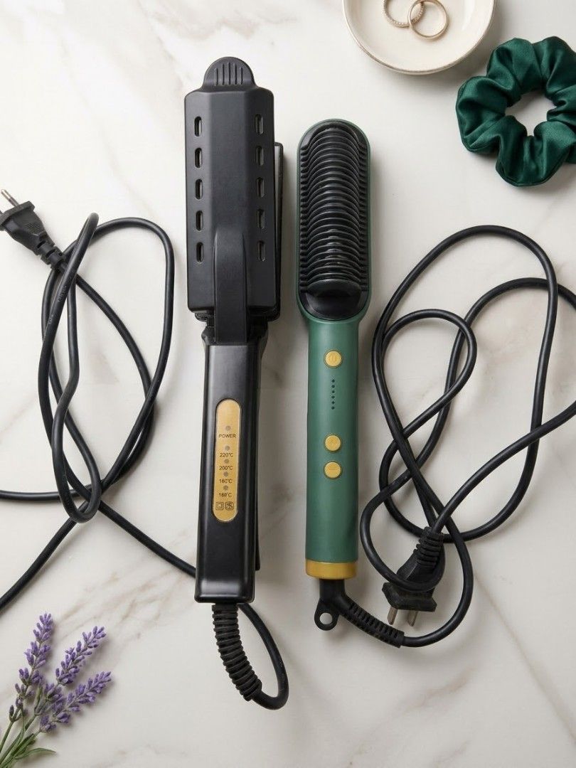 Hair Styling Tools Bundle 💇‍♀️✨ (Category: Hair Accessories) located in Taguig. Submitted by twayyy (Listing ID 1470246578, Image 1). Description: Condition: Used, but not abused! Items included: 1x Multifunctional flat iron & crimper 1x Trendy green hair straightening comb Mode of Payment: Cash, GCash, or MariBank 💵 ​RFS: Decluttering / No longer in use ​PM me if interested! 📩.