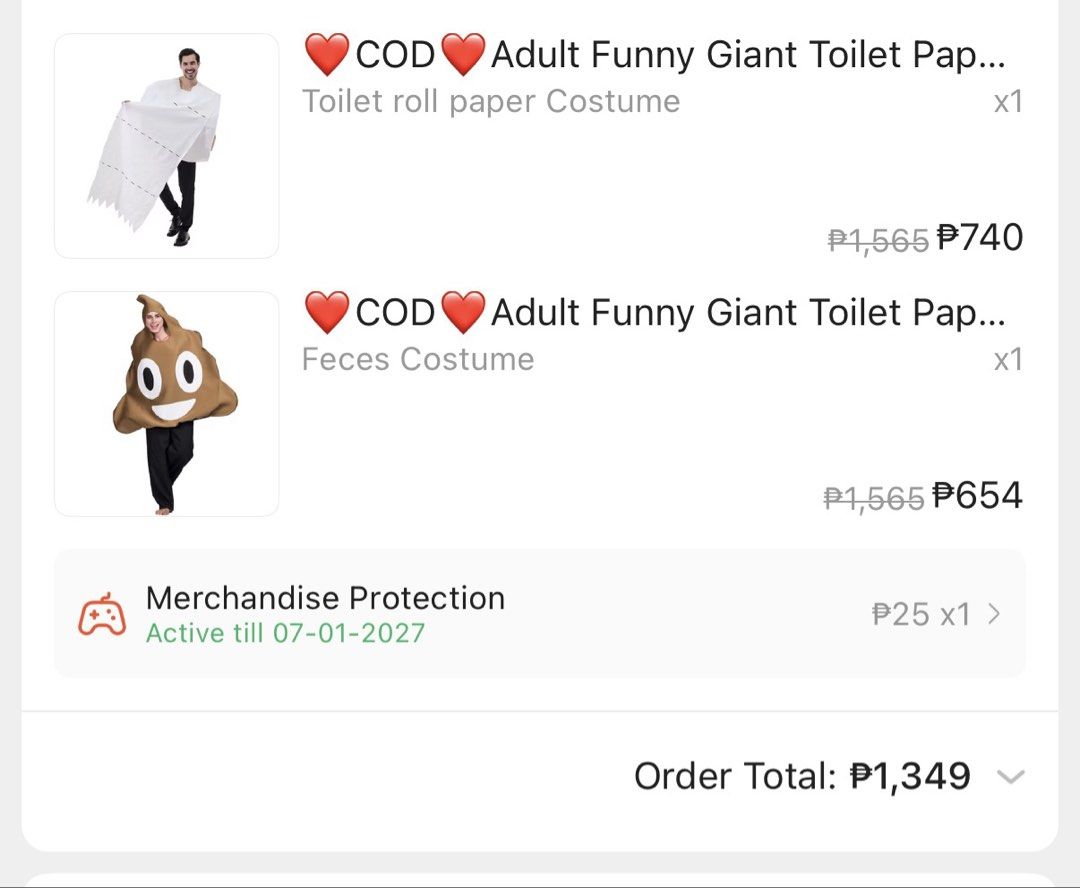 Halloween Costume (Category: Other Accessories) located in Taguig. Submitted by tineflorsss (Listing ID 1470229845, Image 2). Description: - Includes two matching adult costumes: Giant Toilet Paper Roll and Poop emoji - Hilarious design guaranteed to stand out at any Halloween party or event - Lightweight and comfortable fit for adults - Ideal as a couple's costume or best friend duo outfit - Ready for pick-up or shipping.
