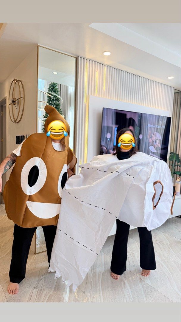 Halloween Costume (Category: Other Accessories) located in Taguig. Submitted by tineflorsss (Listing ID 1470229845, Image 1). Description: - Includes two matching adult costumes: Giant Toilet Paper Roll and Poop emoji - Hilarious design guaranteed to stand out at any Halloween party or event - Lightweight and comfortable fit for adults - Ideal as a couple's costume or best friend duo outfit - Ready for pick-up or shipping.