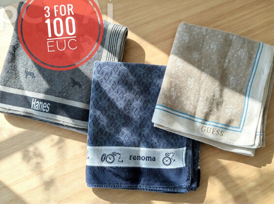 Hanes Renoma Guess Hankies Bundle Set (Category: Handkerchief & Pocket Squares) located in Manila. Submitted by mcmvintagefindsph (Listing ID 1470161939, Image 1). Description: - Set of 3 branded hankies (Hanes, Renoma, Guess) - Grey Hanes hanky features animal prints and a striped border - Blue Renoma hanjy includes unique pocket watch graphics - Beige Guess hanky has a subtle pattern and stylish blue trim - Selling as a bundle only -all are in 
