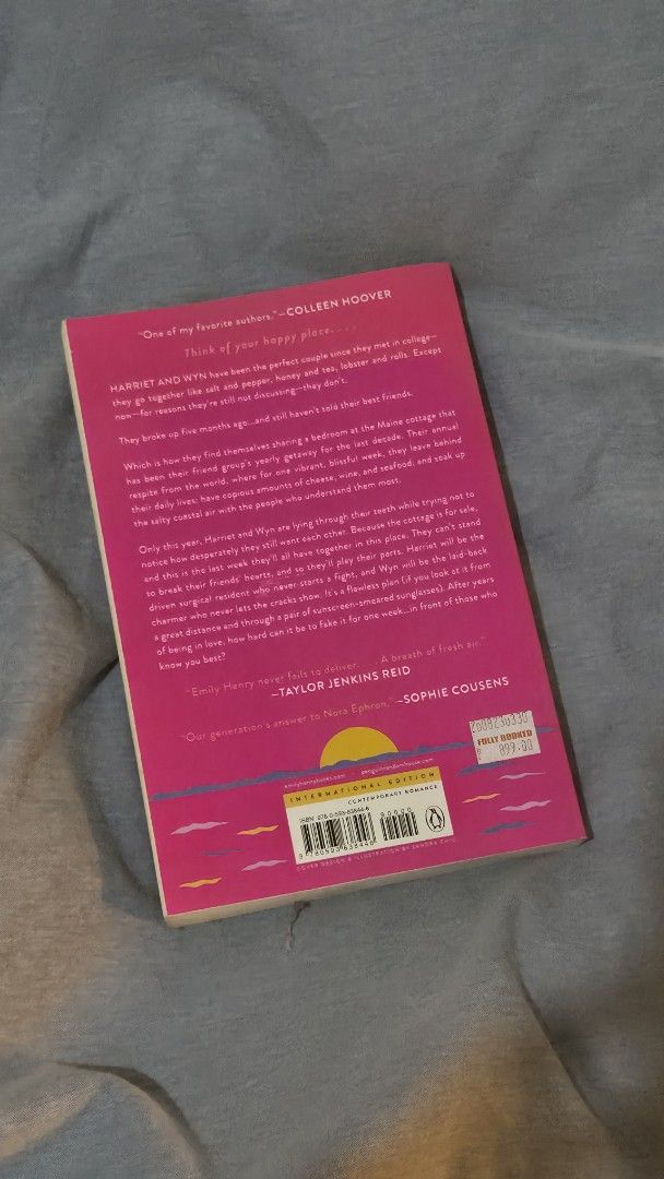 Happy Place by Emily Henry Novel (Category: Storybooks) located in Muntinlupa City. Submitted by pearlbookstore (Listing ID 1470305695, Image 2). Description: - Title & Author: Happy Place by Emily Henry - Edition: International paperback - Condition: Read once, spine looks uncreased, and pages are clean (price sticker still on back cover) - Genre: Bestselling contemporary romance - Fast shipping and reliable seller!.