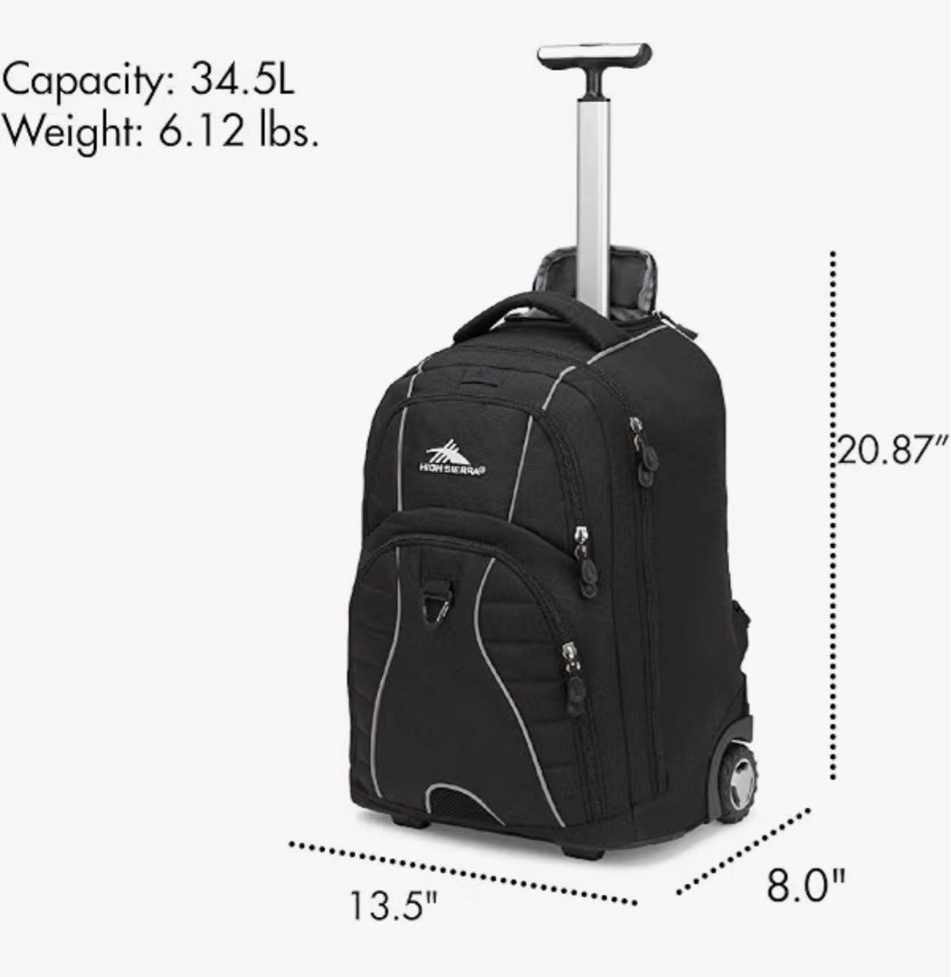 High Sierra Wheeled Backpack Black 34.5L (Category: Backpacks) located in Quezon City. Submitted by modernbabies (Listing ID 1470212710, Image 2). Description: - Brand: High Sierra - Condition: Brand new, still sealed in original plastic packaging - Color: Classic Black - Dimensions: 20.87" x 13.5" x 8.0" | Capacity: 34.5 Liters | Weight: 6.12 lbs - Convertible design: Features a telescoping handle, smooth-rolling wheels, and tuck-away shoulder s