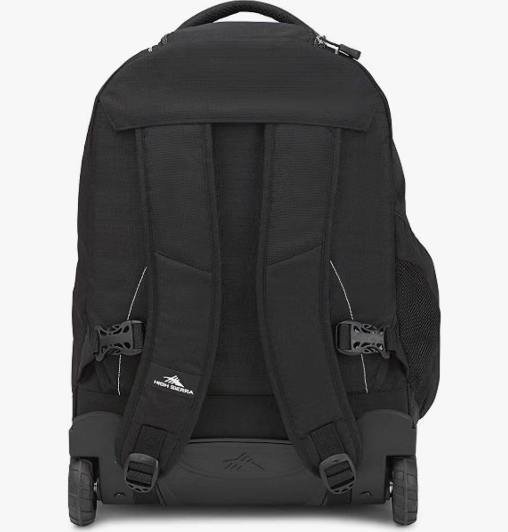 High Sierra Wheeled Backpack Black 34.5L (Category: Backpacks) located in Quezon City. Submitted by modernbabies (Listing ID 1470212710, Image 3). Description: - Brand: High Sierra - Condition: Brand new, still sealed in original plastic packaging - Color: Classic Black - Dimensions: 20.87" x 13.5" x 8.0" | Capacity: 34.5 Liters | Weight: 6.12 lbs - Convertible design: Features a telescoping handle, smooth-rolling wheels, and tuck-away shoulder s