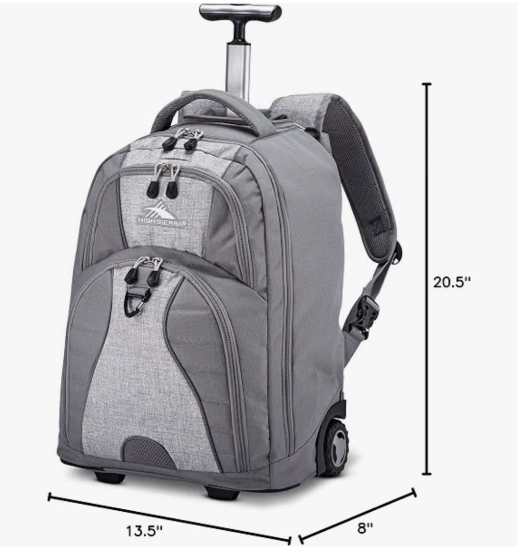 High Sierra Wheeled Backpack Gray (Category: Backpacks) located in Quezon City. Submitted by modernbabies (Listing ID 1470212839, Image 2). Description: - Brand new with tags, still in original plastic packaging - Versatile gray High Sierra wheeled backpack - Telescoping handle and smooth-rolling wheels for easy travel - Padded shoulder straps conveniently tuck away when rolling - Spacious main compartment with dedicated laptop space - Front orga